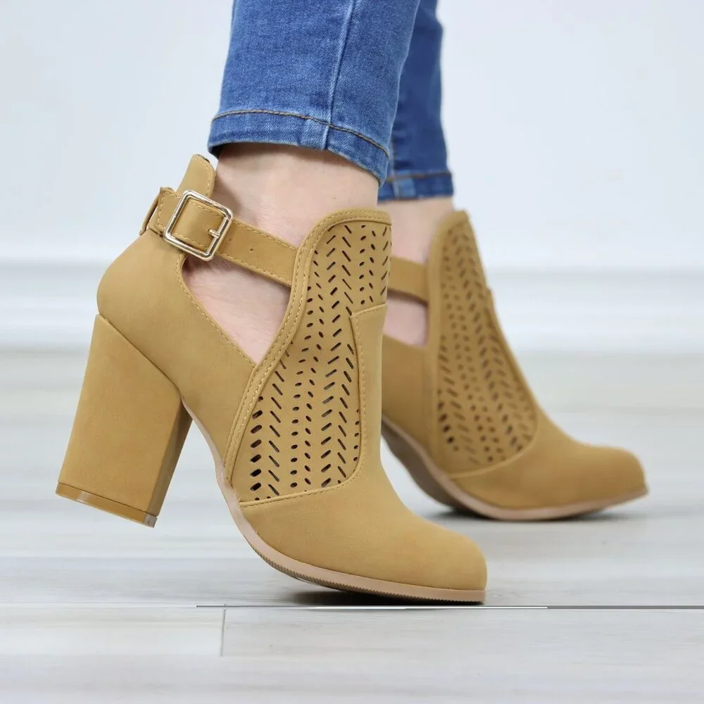 Tan Faux Nubuck Round Toe Block Heeled Ankle Boots Lacer Cut Design - Picture 4 of 12